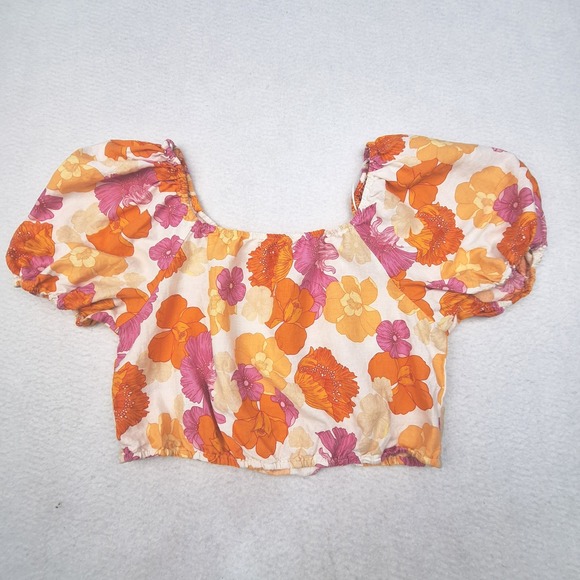 Cynthia Rowley Tops - Cynthia Rowley Crop Top Womens Medium Orange Floral Linen Blend Puff Sleeve Boho